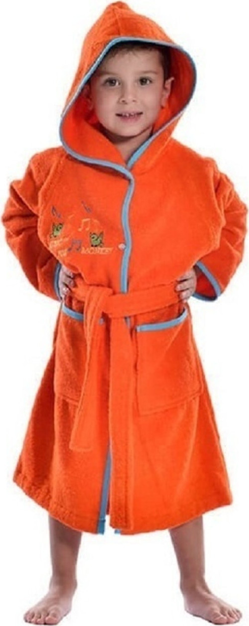 %100 Pamuk Dj Maymun Nakışlı Turuncu Bebek Çocuk Bornoz Güneş Havuz Havlu Deniz Çocuk Panço