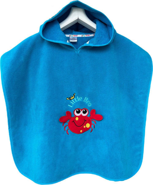 Pamuklu Yengeç Nakışlı Turkuaz Renk Kapşonlu Erkek Cocuk Panco Cocuk Havlusu Bebek Plaj Havlusu