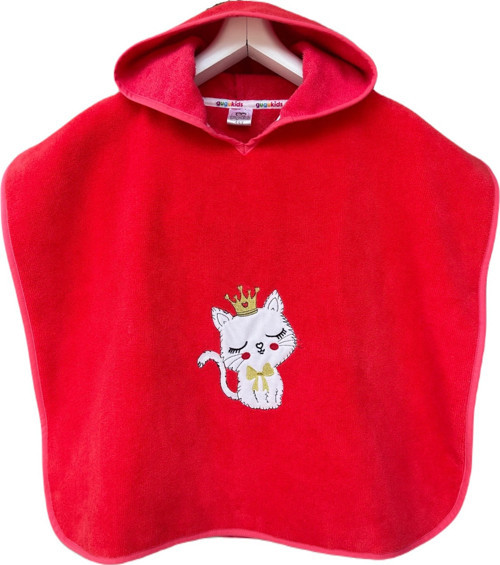 Pamuklu Kedi Nakışlı Kırmızı Kapşonlu Kız Çocuk Panco Cocuk Havlu Bebek Plaj Havlusu