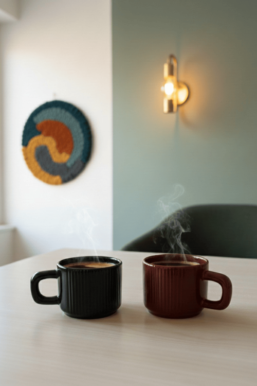 2 Adet El Yapımı 260 ml Bordo Siyah Parlak Seramik Mug Çay Kahve Kupası MIT1305