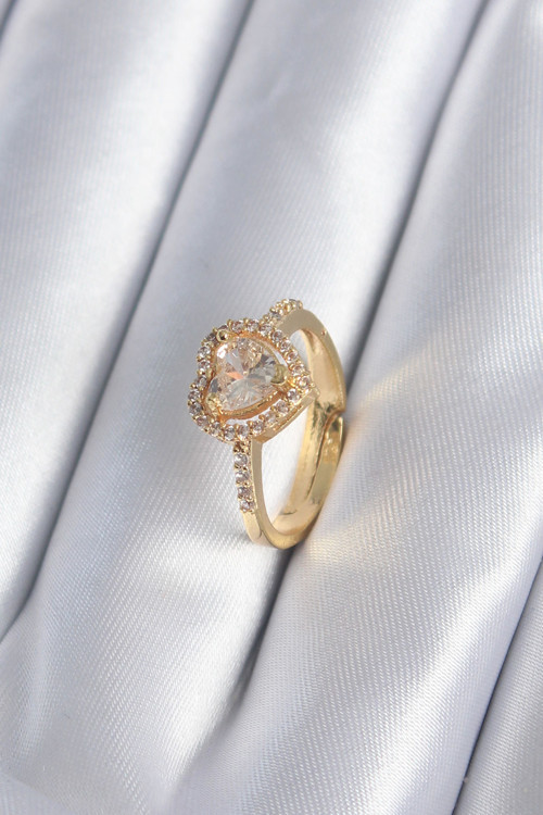 Pirinç Gold Renk Zirkon Taşlı Kalp Charm Model Kadın Yüzük - TJ-BYK2858