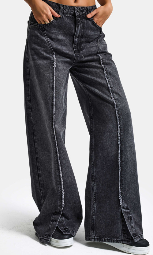 Kadın Füme Renk 4s6-14 Süper Baggy Paça Detaylı Tasarım Denim Jean