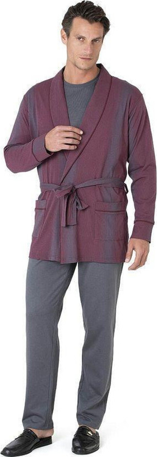 Erkek 3'lü Uzun Kollu Pamuklu Pijama Takım Çizgili Robdöşambır Kutulu Damat Çeyiz Seti