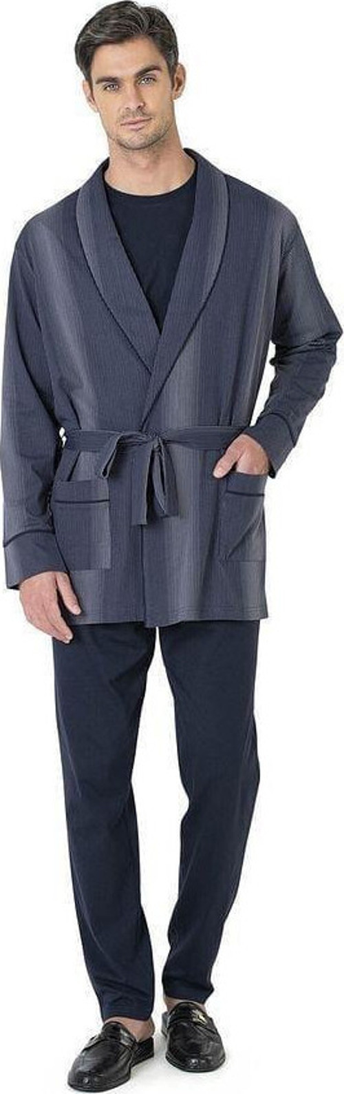 Erkek 3'lü Uzun Kollu Pamuklu Pijama Takım Çizgili Robdöşambır Kutulu Damat Çeyiz Seti