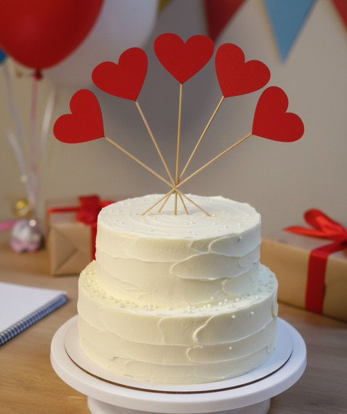 5'li Kırmızı Kalp Figürlü Pasta ve Çiçek Süsü - Dekoratif Buket Çubuğu