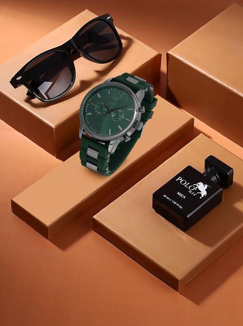 Erkek Hediye Seti Saat Gözlük Parfüm Hediyelik Kutusunda Yeşil Renk