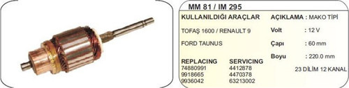 Kollektör 12V Fıat Tofaş 1600 / Renault R9 / Ford Taunus (Mm81) . Mako Tip (1 Ad )
