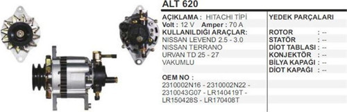 Alternatör 12V 70 A.Nıssan Levend 2.5-3000 Bmc Vakumlu Hıtachı Tipi (1 Ad )