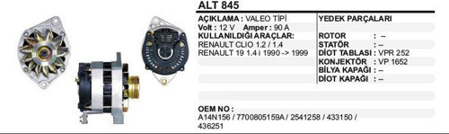 Alternatör 12V 90A Renault R19- 1.4 İ /90-99 /Clıo 1.2-1 4 Valeo Tip (1 Ad )