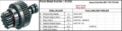 Marş Dişlisi 11 Diş 11 Kanal Japon Tipi Isuzu Champıon Npr Kısa Tıp Komple Ds=11 Dkç=40,5 Boy=103,4 Ks=11 Gç=64,5 Kds=41 (1 Ad )