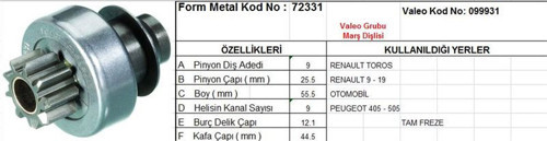 Marş Dişlisi 9 Diş 9 Kanal Valeo Tipi Renault Toros R9 R19 Peugeot 405 505 Tam Freze Ds=9 Dkç=25,8 Boy=55,5 Ks=9 Bdç=12 Gç=48,5 (1 Ad )