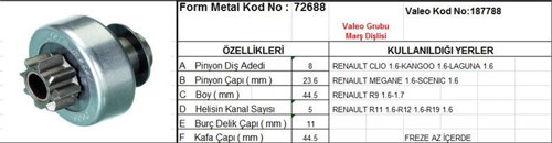 Marş Dişlisi 8 Diş 5 Kanal Valeo Tipi Renault Clıo Kangoo Laguna Megane R9 R11 R12 Freze Az Icte Ds=8 Dkç=23,9 Boy=44 Ks=5 Bdç=11 Gç=46,5 (1 Ad )