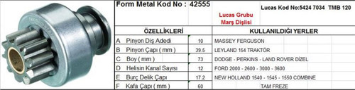 Marş Dişlisi 10 Diş 12 Kanal Lucas Tipi Massey Ferguson Perkıns Land Rover Ford Dodge/Jcb/Land Rover Lucas Typ Ds=10 Dkç=40 Boy=73 Ks=12 Bdç=17 Gç=60 (1 Ad )