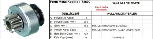 Marş Dişlisi 9 Diş 5 Kanal Valeo Tipi Opel Corsa Fıat Albea Doblo Palıo Multıjet Tam Freze  Ds=9 Dkç=25,4 Boy=45,6 Ks=10 Bdç=12 Gç=48,2 (1 Ad )