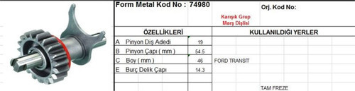 Marş Dişlisi 19 Diş Ford Transıt  V184 M Graf Tipi Pg5230  M.Graf Typ Ds=19 Dkç=54,3 Boy=46,3 Bdç=14,3 (1 Ad )