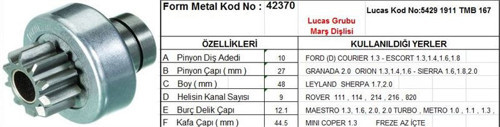 Marş Dişlisi 10 Diş 9 Kanal Lucas Tipi Ford Escort Granada Sıerra Rover Mını Cooper Az Freze İçte Ds=10 Dkç=26,8 Boy=48 Ks=9 Bdç=12,1 Gç=46,5 (1 Ad )