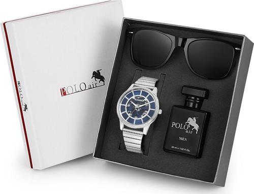 Premium Set Kombin Erkek Kol Saati Parfüm Gözlük Set Gümüş-Mavi Renk