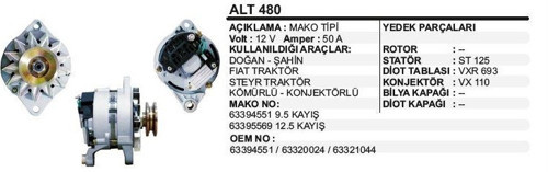 Alternatör 12V 75A Fıat Dkş Traktör (394551)Doğan-Şahin-Steyr Traktör-Kömürlü-Konjektörlü Mako Tip (1 Ad )