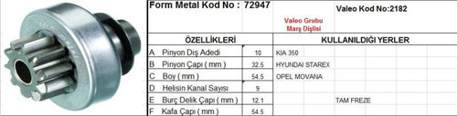 Marş Dişlisi 10 Diş 9 Kanal Valeo Tipi Kıa 350 Hyundaı Starex Opel Movano Renault Master Tam Freze (1 Ad )