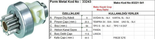 Marş Dişlisi 9 Diş 6 Kanal Mako Tipi Tofas Dogan Kartal Slx Fıat Tempra Uno Tıpo Panda Freze İçte Ds=9 Dkç=25,5 Boy=64 Ks=6 Bdç=11,6 Gç=44,5 (1 Ad )