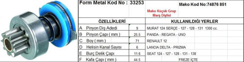 Marş Dişlisi 9 Diş 6 Kanal Mako Tipi Tofas M124 Serce M131 Regata Uno R12 Lancıa Delta Freze İçte Ds=9 Dkç=25,5 Boy=71 Ks=6 Bdç=11,6 Gç=44,5 (1 Ad )