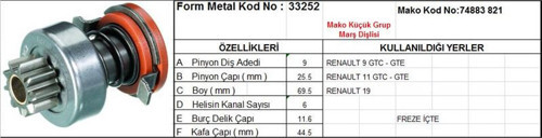 Marş Dişlisi 9 Diş 6 Kanal Mako Tipi R9 R11 Gtc Gte R19 Freze İçte Ds=9 Dkç=25,5 Boy=69,5 Ks=6 Bdç=11,6 Gç=44,5 (1 Ad )