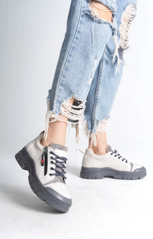 AGATHA Bağcıklı Fermuarlı Ortopedik Taban Kadın Sneaker Spor Ayakkabı CGT - Krem
