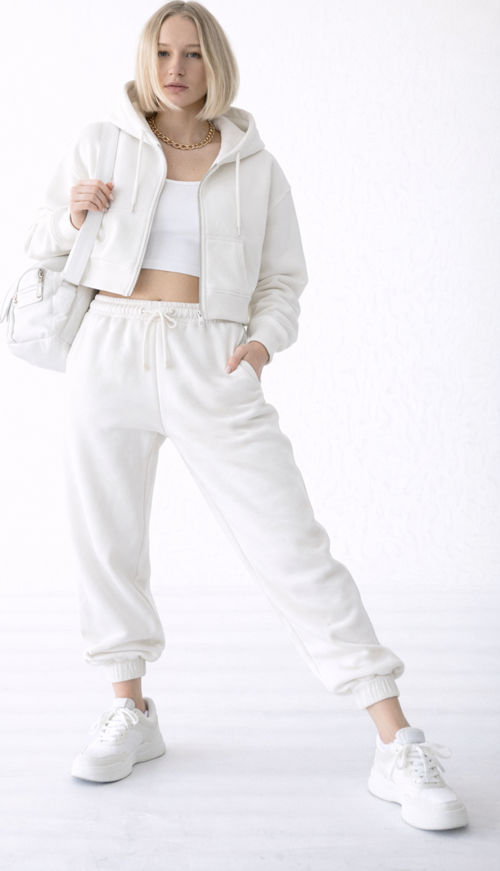 Kadın Crop Kapüşonlu Fermuarlı Sweatshirt – White Zip