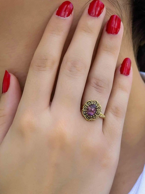 Doğal Taş Ametist Doğal Taşlı Antik Model Kadın Ayarlanabillir Yüzük euy77amt