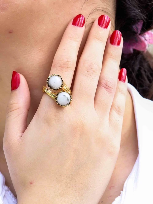 Doğal Taş Aytaşı 2'li Doğal Taşlı Antik Model Kadın Ayarlanabillir Yüzük euy90ay