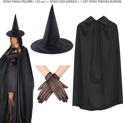 120 cm Siyah Yakalı Cadı Pelerini Cadı Şapkası ve 1 Çift Siyah Kısa File Tüm Eldiven Seti 3 Parça