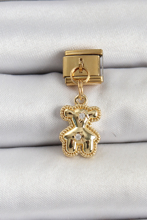 Sallantılı Zirkon Taşlı Ayıcık Figürlü Gold Renk Nomination Charm (316L Çelik)