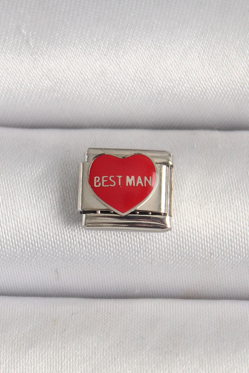 Gümüş Renk 'Best Man' Yazılı Kırmızı Kalpli Nomination Charm (316L Çelik)
