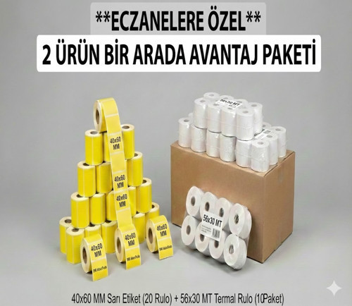 Eczanelere Özel Mega Paket-Eczane Etiket Sarı 40x60 MM 500 Sarım 20 Rulo + 56*30 MT Termal Pos Rulosu (100 Adet) 2 Ürün Bir Arada