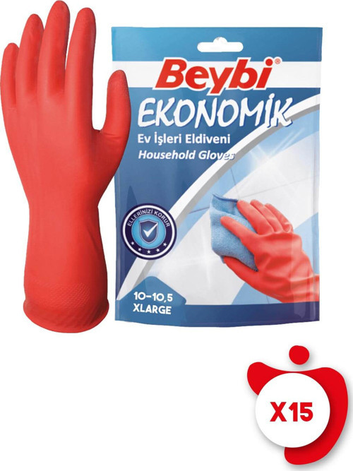 Ekonomik Ev İşleri ve Bulaşık Eldiveni 10-10,5 Beden Kırmızı 15 Paket