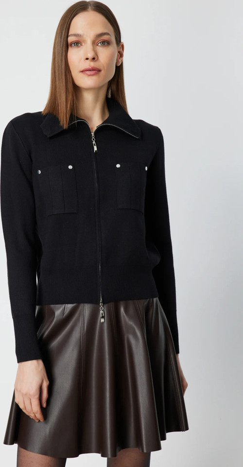 Kadın Cep Detaylı Fermuarlı Triko Hırka 69904 Siyah