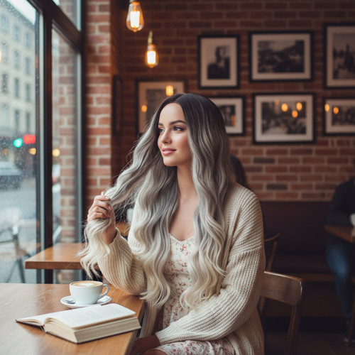 Uzun Su Dalgası Fiber Sentetik Peruk / Küllü Kumral / Beyaz Platin Ombre