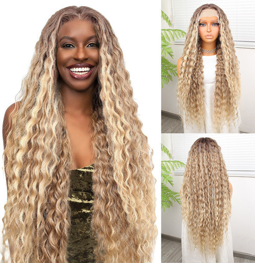 Afro Dalga Kumral Balköpüğü Ombre ve Röfleli Fiber Sentetik Tül Peruk