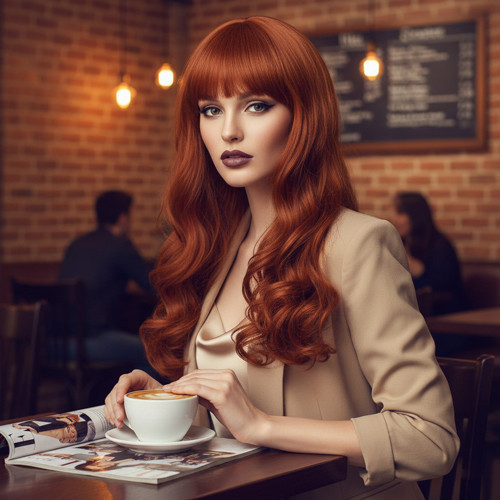 Dalgalı Perçemli Uzun Fiber Sentetik Peruk / Bakır