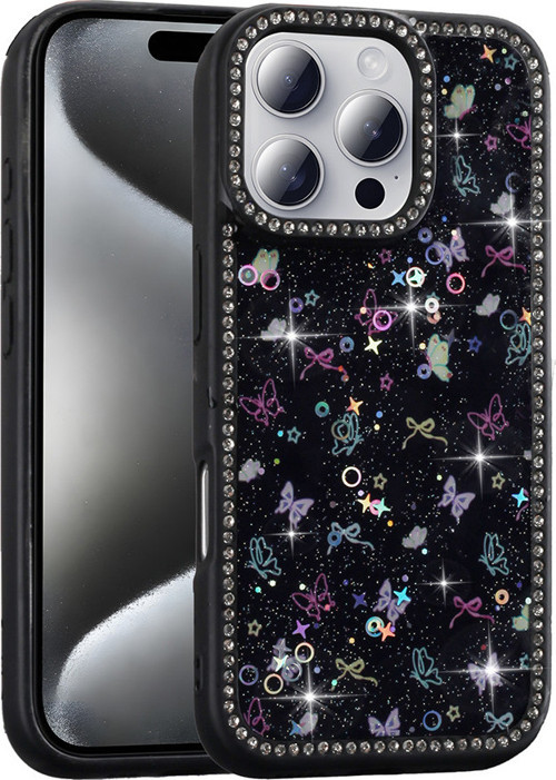 iPhone 16 Pro Max Kılıf Taşlı ve Simli Işıltılı Kelebek Kapak