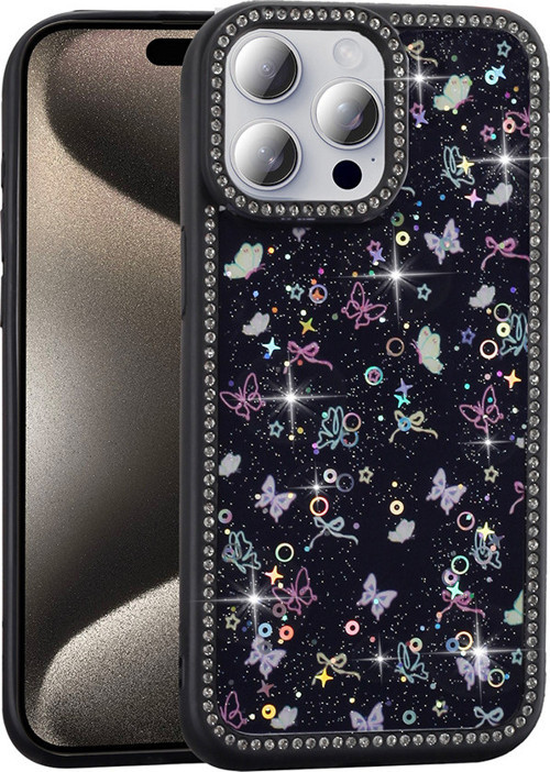iPhone 15 Pro Max Kılıf Taşlı ve Simli Işıltılı Kelebek Kapak