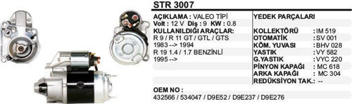 Marş Motoru 9 Diş 12V D9E Renault-R9/R11/R21 (83-94)/19 1.4 1.7 Benzinli(95-) Valeo Tip (1 Ad )
