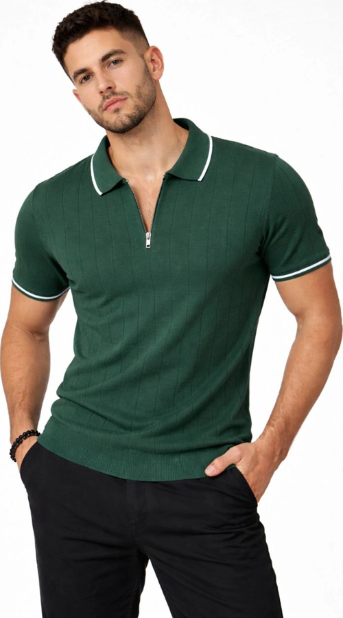Erkek Fermuarlı Yaka Fitilli Triko Kısa Kollu Regular Fit Tişört T-shirt - Yeşil