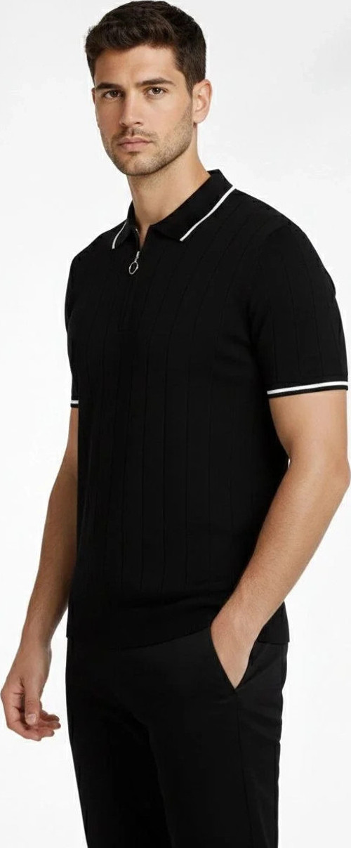Erkek Fermuarlı Yaka Fitilli Triko Kısa Kollu Regular Fit Tişört T-shirt - Siyah