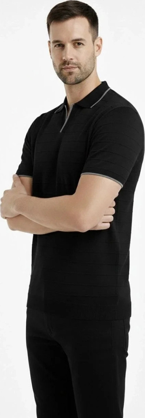 Erkek Triko Kumaş Yakalı Düğmesiz Açık Yaka Fitilli Kısa Kollu Regular Fit Tişört T-shirt - Siyah