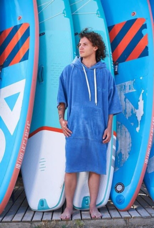 Kapüşonlu Erkek Kadife Mavi Yetişkin Sörf Panço