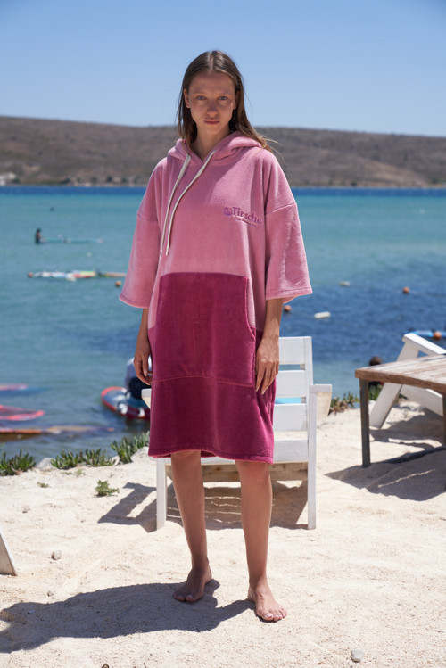 Kapüşonlu Kadın Parçalı Pembe-Mürdüm Kadife Yetişkin Sörf Panço