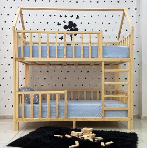 Montessori Yatak Çatılı Doğal Ahşap Ranza Karyola
