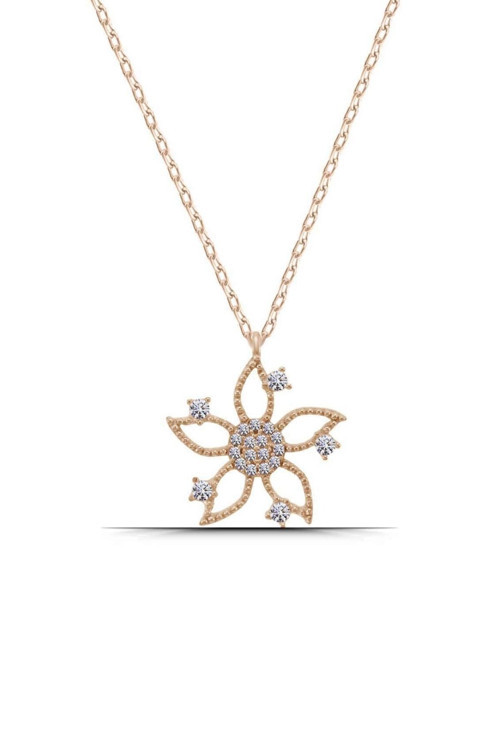 Lotus Çiçeği Zirkon Taşlı Kadın 925 Ayar Gümüş Rose Kolye