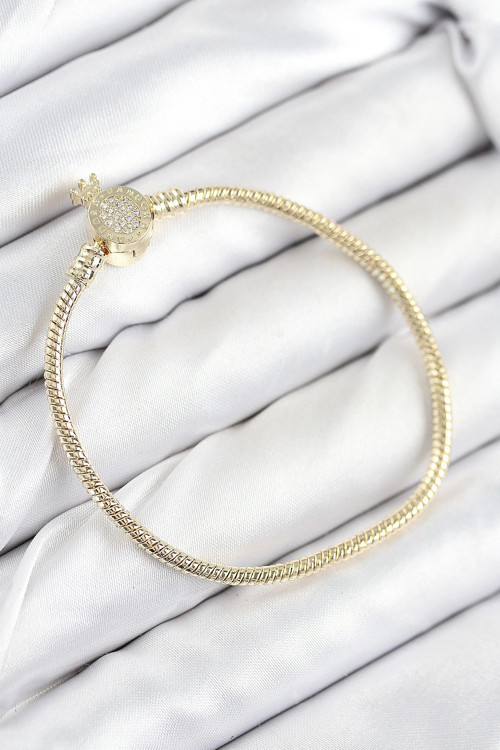 Pirinç Charm Zirkon Taşlı Taç Model Gold Renk Kadın Bileklik